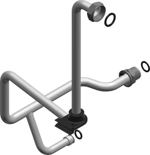 BOSCH Rohr mit zwei gebogenen Rohren und Anschlüssen, ausgestattet mit Dichtungsringe, zur Verwendung in einem kompatiblen System.